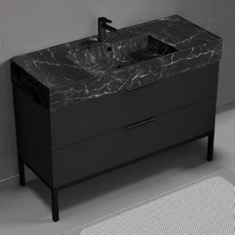 Modern Black Bathroom Vanity, 48 inch, Black Marble Style Sink, Free Standing